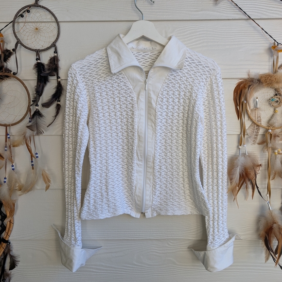 Vintage Y2K Rayure Paris White Blouse Zipper Open S-M - Picture 1 of 8